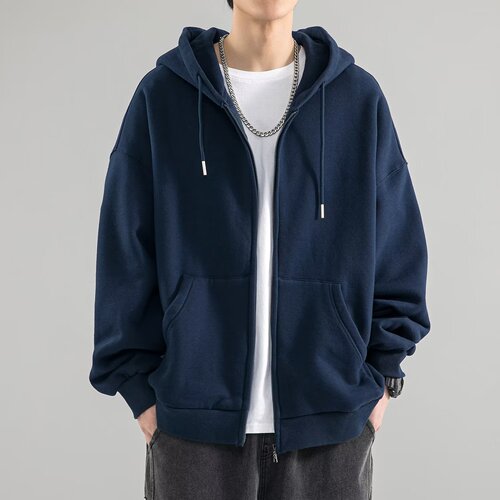 Heavyweight open jacket men's spring and autumn new style sports jacket men's plain color hooded casual loose top coat fashion