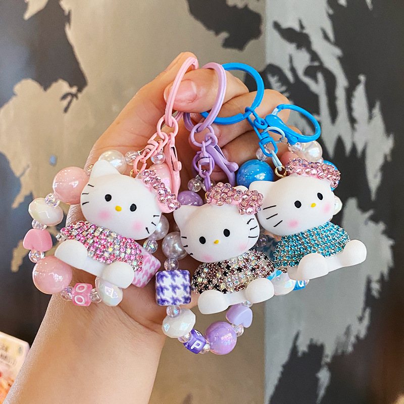 Caricatura Hello kt Kitty cuentas llavero multifuncional cadenas de teléfono móvil llaves de automóvil colgante encantador corazón de niña