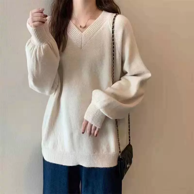 Однотонный вязаный свитер, корейский стиль, V-образный вырез, puff sleeves
