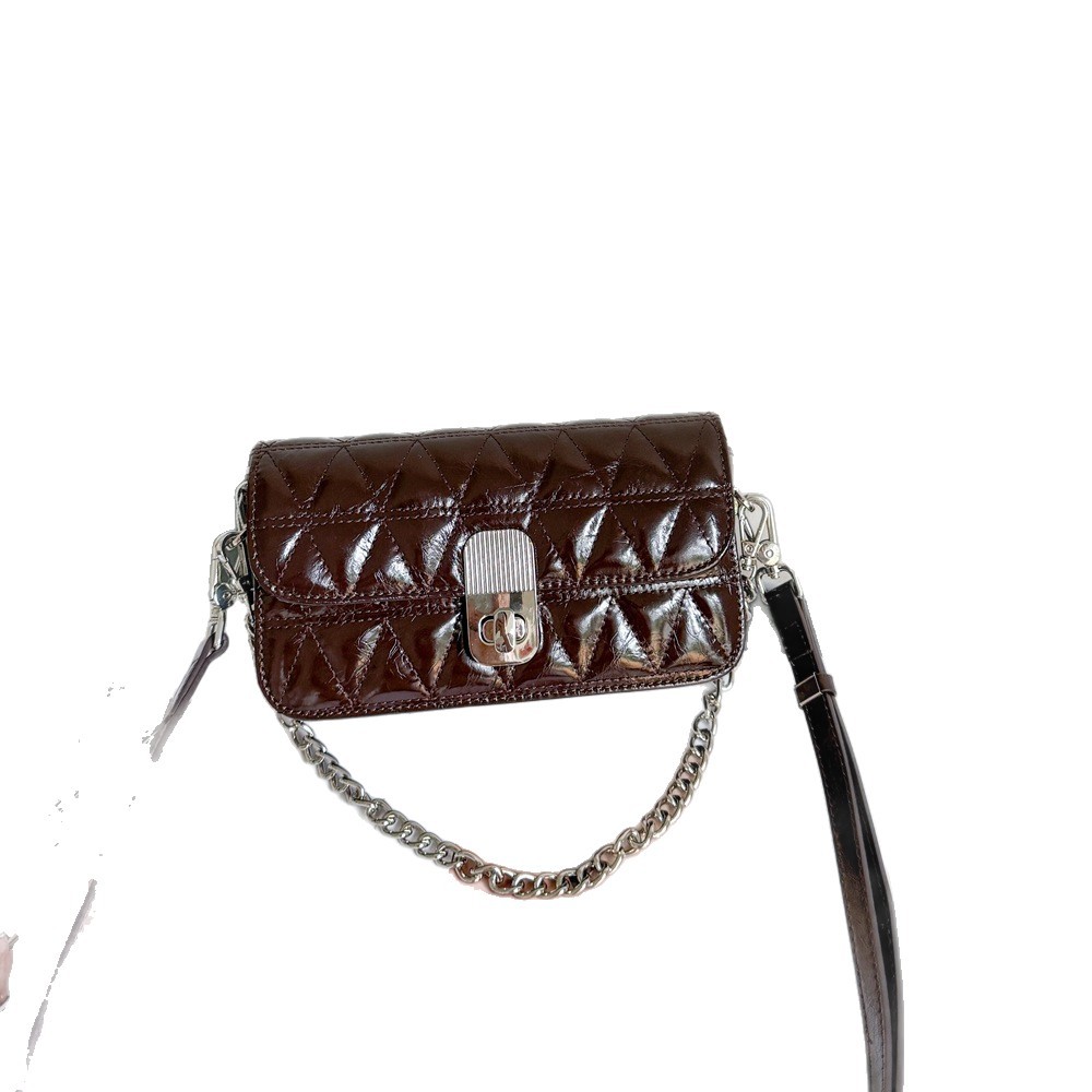 Fashion Genuine Leather Quilted Chain Shoulder Bag For Women, Oil Wax Cowhide Versatile Single Shoulder Crossbody Square Bag - Thumbnail 5