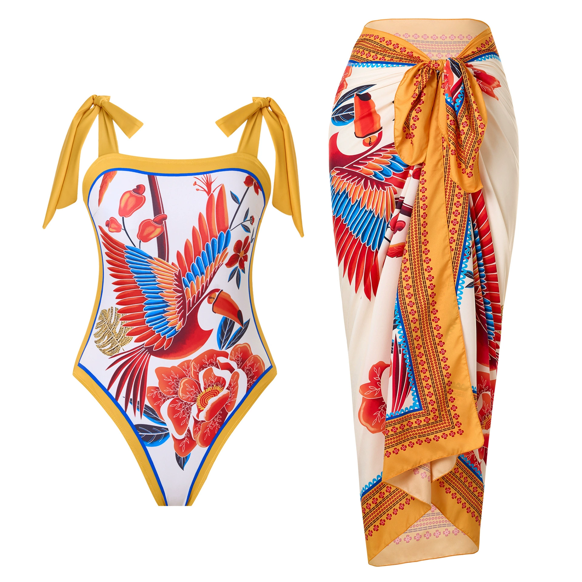 One-Piece Swimsuit (Qiao Jiayuan) 2025 Retro Style with Wrap Skirt, Crane Print, S–XL & One Size