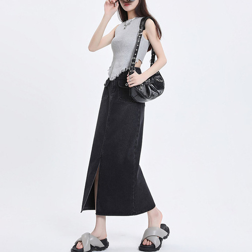 Pure Desire Wind-Opening Frayed Denim Half-Body Skirt for Women - Spring and Summer High-Waist A-Line Booty Skirt with Unique Design Sensibility