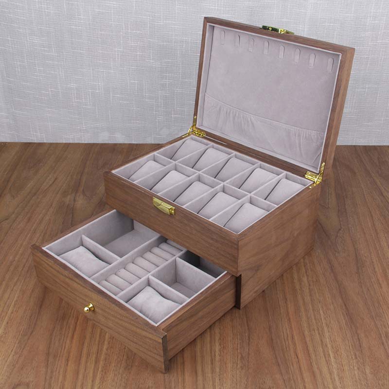 现货批发黑胡桃色木质双层12位手表首饰多功能收纳盒收藏展示箱子