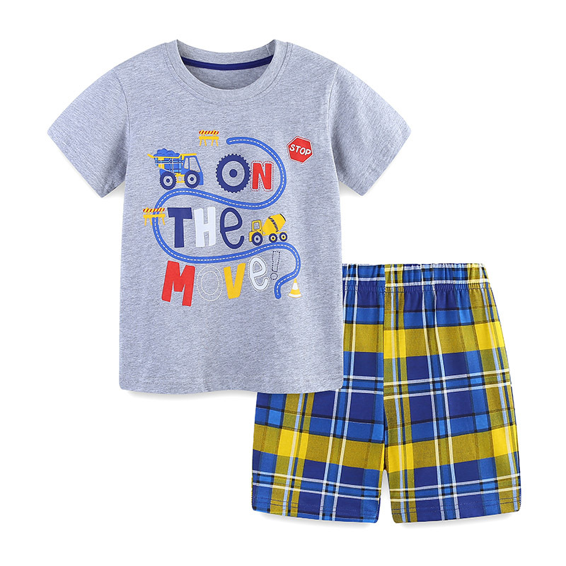 Traje de manga corta para niños de verano transfronterizo Camiseta de cuello redondo para niños impresa de moda Conjunto de pantalones cortos para niños de punto de 2 piezas