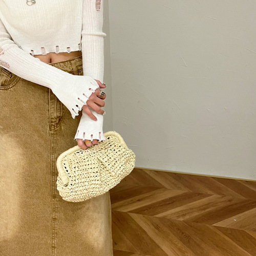 Cross-border straw woven bag for women niche design woven chain shoulder crossbody bag Xiaohongshu popular hand held evening bag