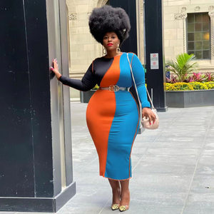 product - wholesale Plus Size Women Clothing Spring Stitching Contrast Color Tight Dress - 6