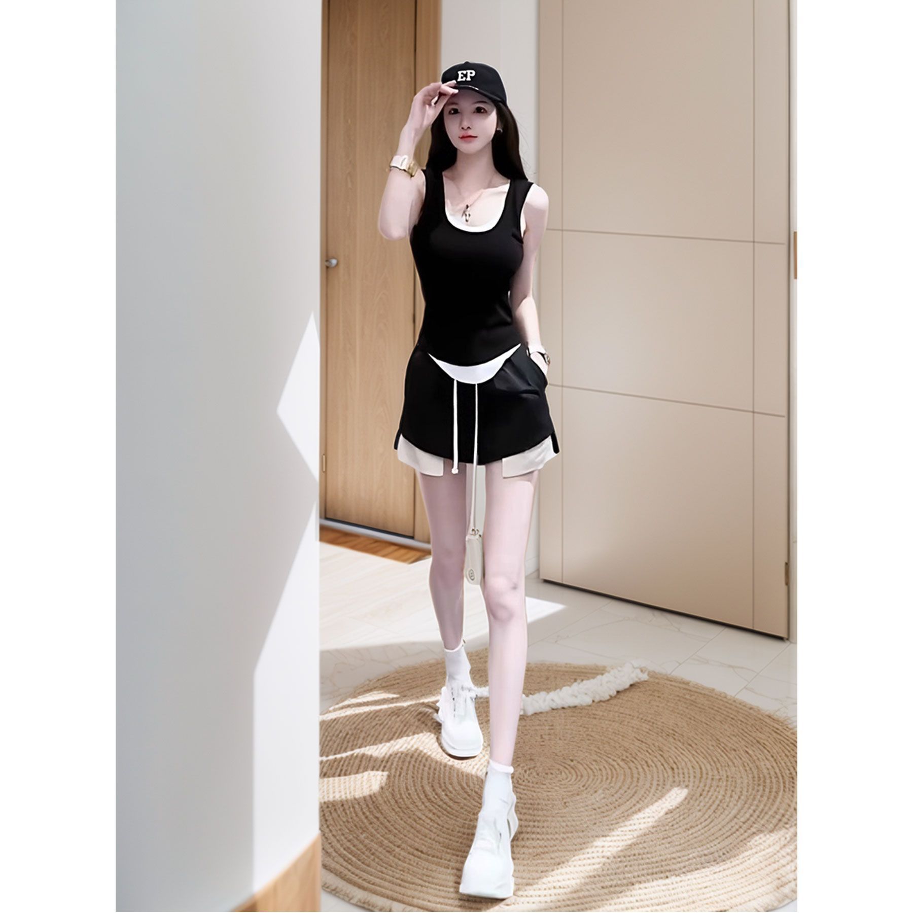 夏季新款假两件外穿内搭打底衫女高腰休闲纯欲辣妹短裤运动两件套|ru