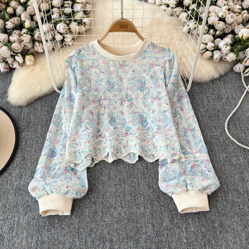 French-style retro round-neck lace patchwork long-sleeve shirt for women, 2026 new collection, featuring a unique and stylish short design French-style retro round-neck lace patchwork long-sleeve shirt for women, 2026 new collection, featuring a unique and stylish short design