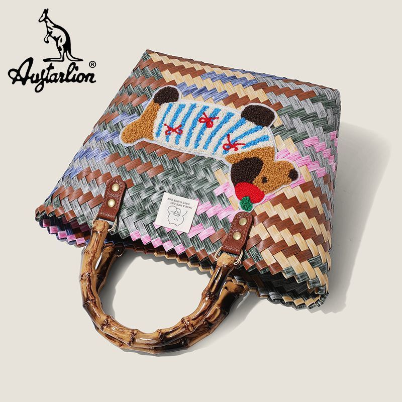 Augtarlion 手作り漫画織物野菜バスケットかわいい刺繍子犬織物多用途ハンドバッグ収納袋|undefined