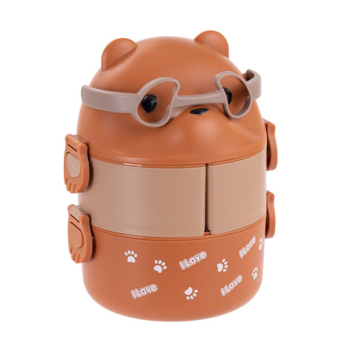 Separated layered lunch box for office workers, Japanese-style student lunch box, large capacity with spoon, glasses bear, double-layer portable lunch box