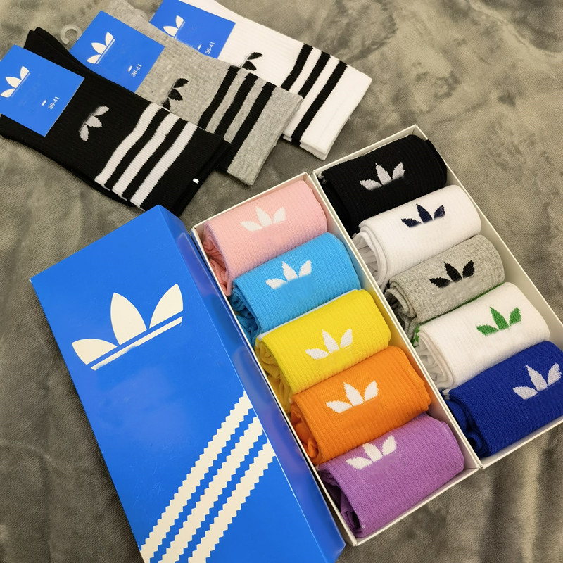 Five Pair Gift Box Adi Clover Socks Men and Women Korean Style Mid-high Stockings Student Ins Fashion Brand Couple Sports