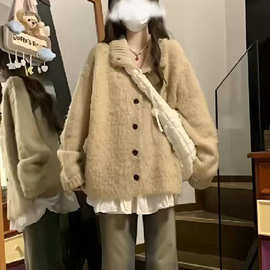 仿貂学院风小个子软糯翻领开衫毛衣外套女学生秋冬宽松显瘦