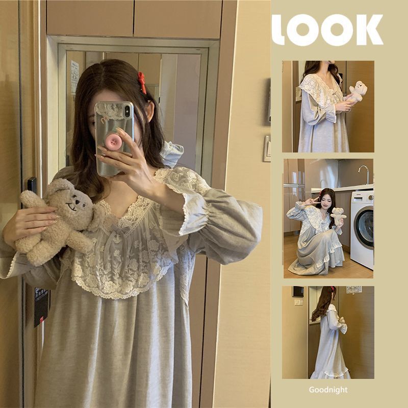 New 100% Cotton Nightgown Women's Spring and Autumn Long Sleeve Outwear Princess Style Winter Student dress Home Clothes