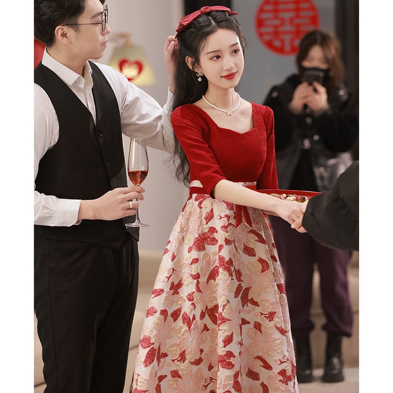 High Waist Belly Covering Toast Dress Bride Pregnant Women Wine Red Engagement Dress Dress Square Neck Small Man Can Wear at Usual