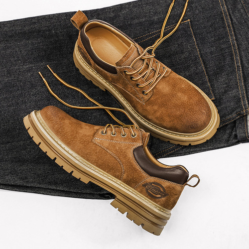 Men's Low-Top Martin Boots, British Style Retro Leather Work Shoes, Sporty Yellow Shoes, Fashionable and Versatile Men's Shoes