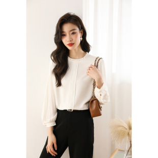 Korean-Style Pleated Puff Sleeve Chiffon Blouse for Women 2025 New Spring Simple Fashion Elegant Long-Sleeve Top