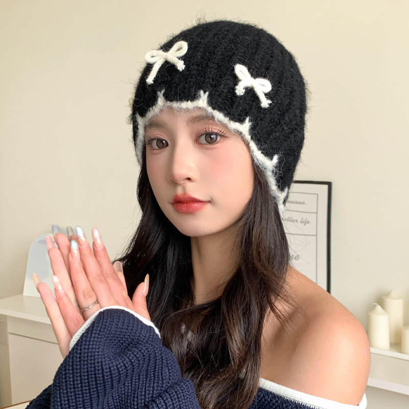 日系百搭蝴蝶结针织毛线帽子女秋冬休闲防风保暖包头帽显脸小冷帽|undefined