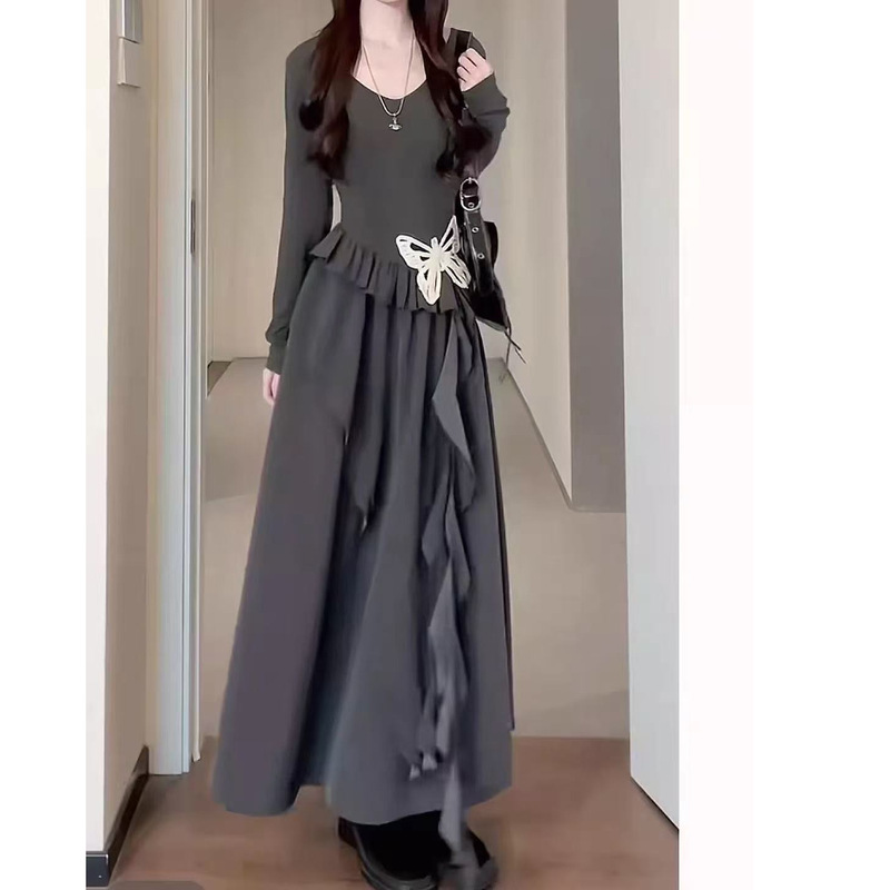大码法式小黑裙不规则高级感连衣裙女秋季胖MM遮肚子显瘦长袖裙子|undefined