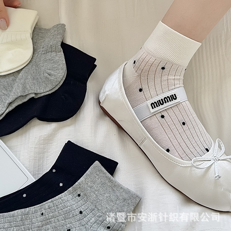 Women's Polka Dot Sweat-Absorbent Breathable Low-Cut Black and White Boat Socks, Simple Non-Slip Thin Shallow Socks for Women