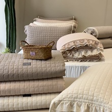 韩国纯棉床盖三件套纯色棉麻春秋被芯荷叶边床盖三件套春秋被子