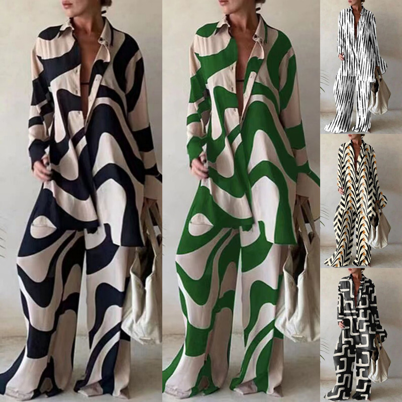 Independent station Amazon cross-border autumn new fashion printing long sleeve shirt + straight trousers casual two-piece suit