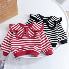 Baby girl fashionable tops 2023 new autumn style girls Korean style sweet temperament large lapel striped long-sleeved sweatshirt