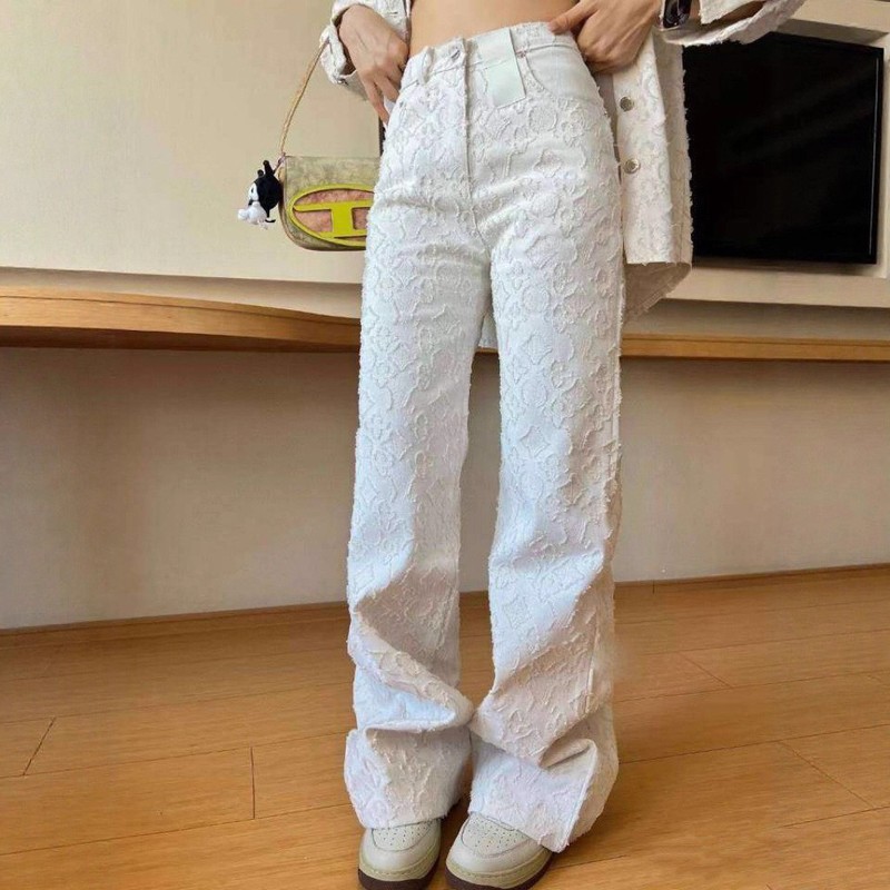 深圳南油马户家提花满印白色牛仔裤女春秋时尚休闲百搭高腰阔腿裤|undefined