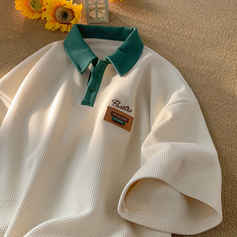 キャンパス風poloシャツ男半袖夏衝突色ワッフル上着日系学生百合シンプル有襟tシャツ|undefined