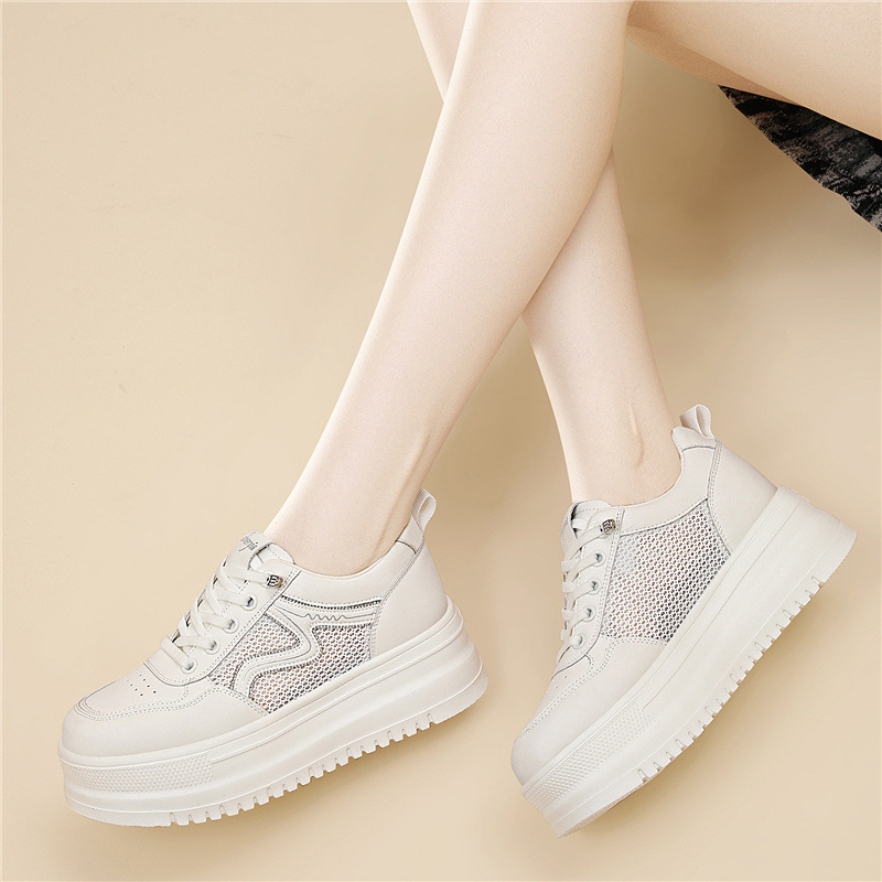 Giày sneaker nữ đế dày bánh xốp trắng phong cách mới xuân hè, đế mềm thoáng khí — 6077 Trắng, 6077 Bạch quả