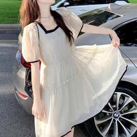 新款连衣裙女夏雪纺轻薄透气方领法式初恋森系超仙公主裙