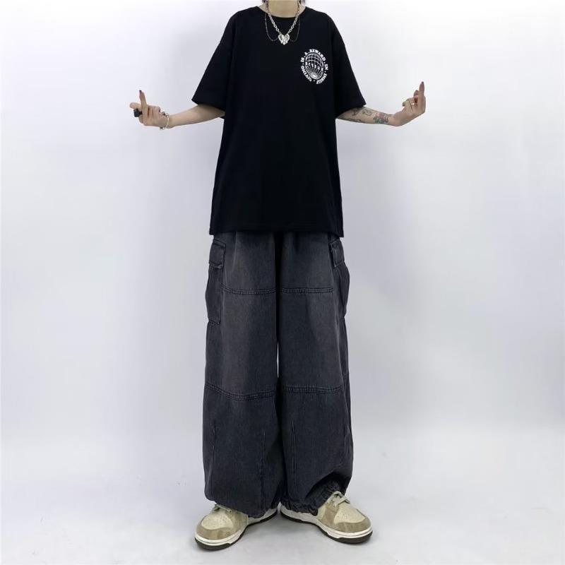 2023 nueva calle hip hop cuatro estaciones casual pierna ancha overoles rectos pantalones vaqueros bolsillo grandes hombres y mujeres largo