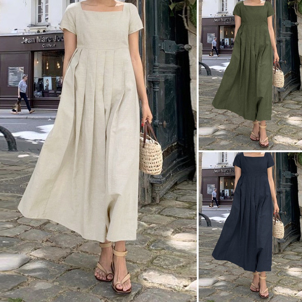 2023 new cotton and linen long skirt large swing Sun skirt short sleeve square collar elegant casual long dress