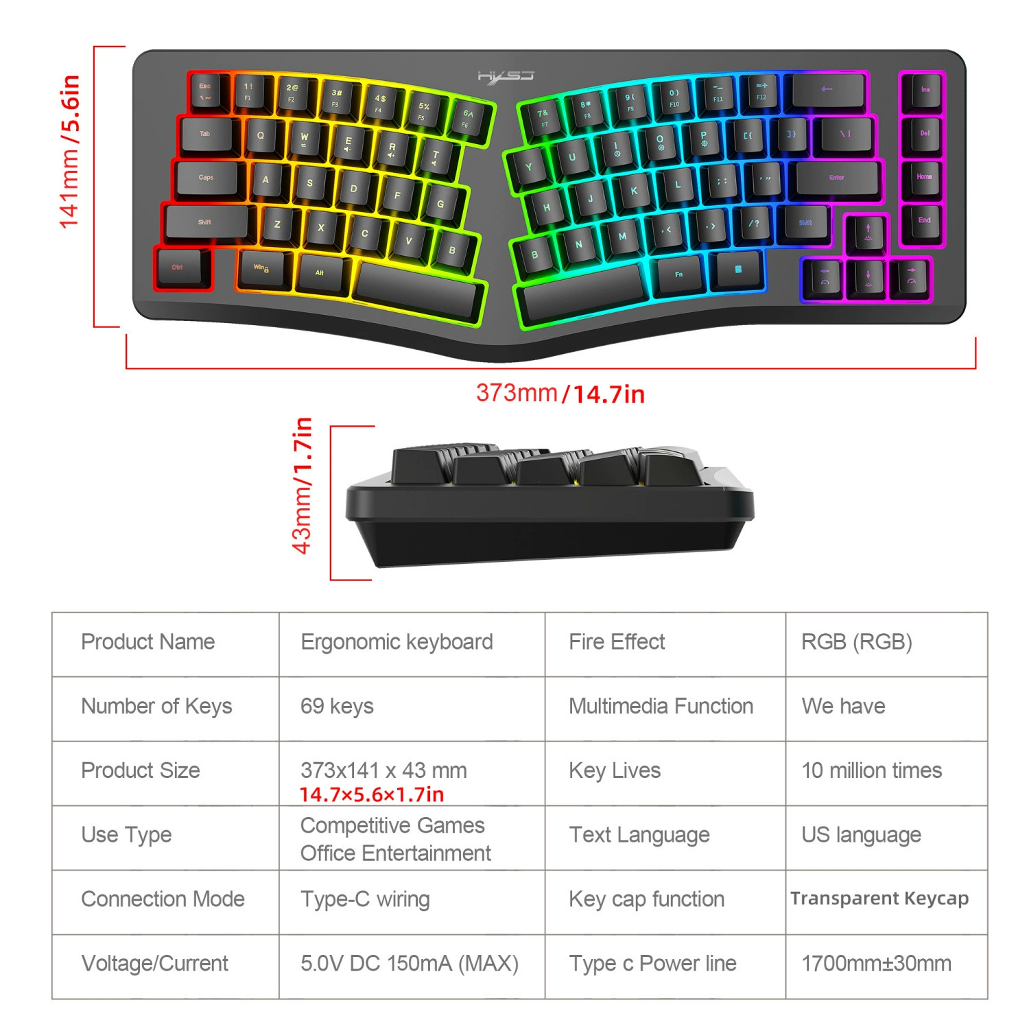 Новая 69-клавишная эргономичная игровая клавиатура с RGB-подсветкой, раздельными рядами клавиш, для офиса и игр