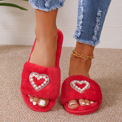 秋冬新款韓版珍珠水鑽愛心毛毛拖鞋女時尚室內居家平底一字拖批發