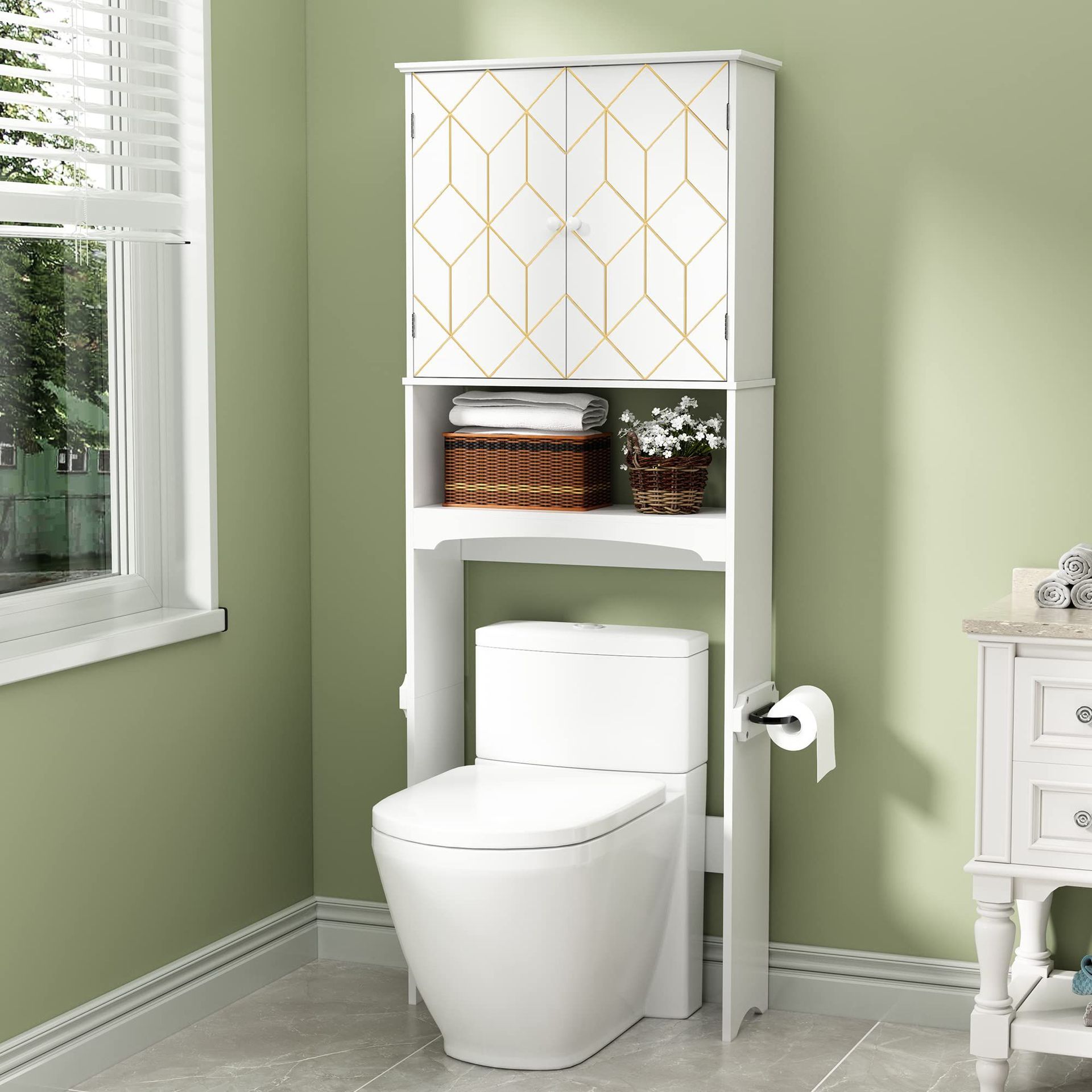 Factory direct selling bathroom storage rack with golden trim on the…