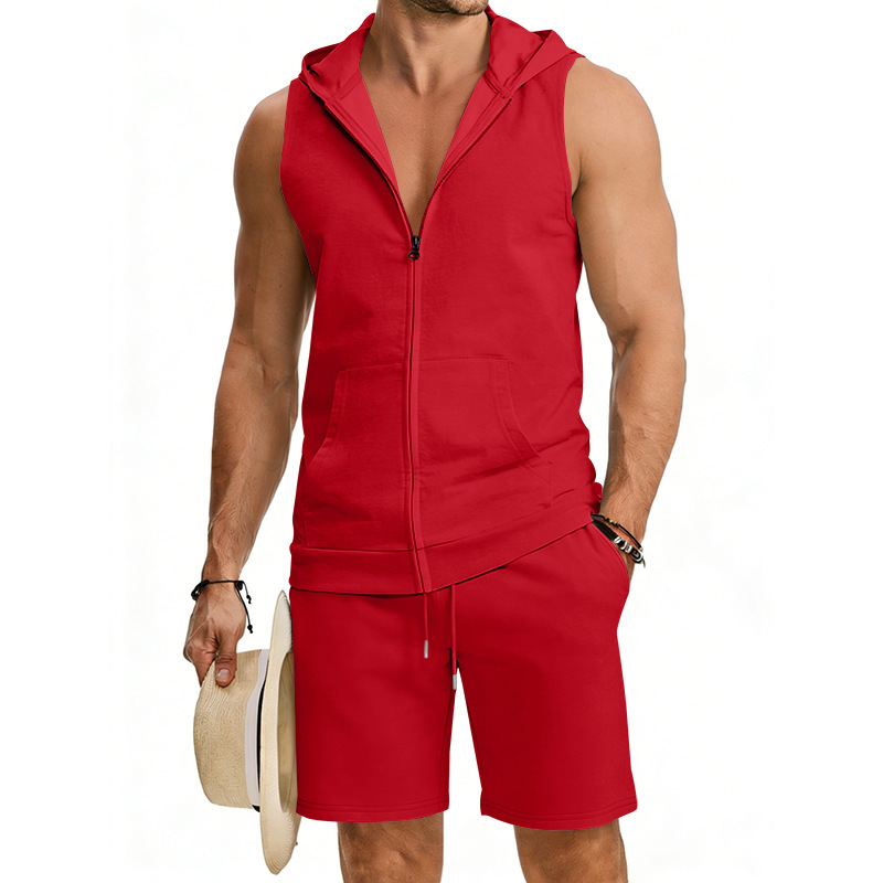 Men's Zip-Front Sleeveless Hoodie And Shorts Set Lightweight Athletic Gym Wear for Summer Workouts And Casual Street Style_viptrois.com