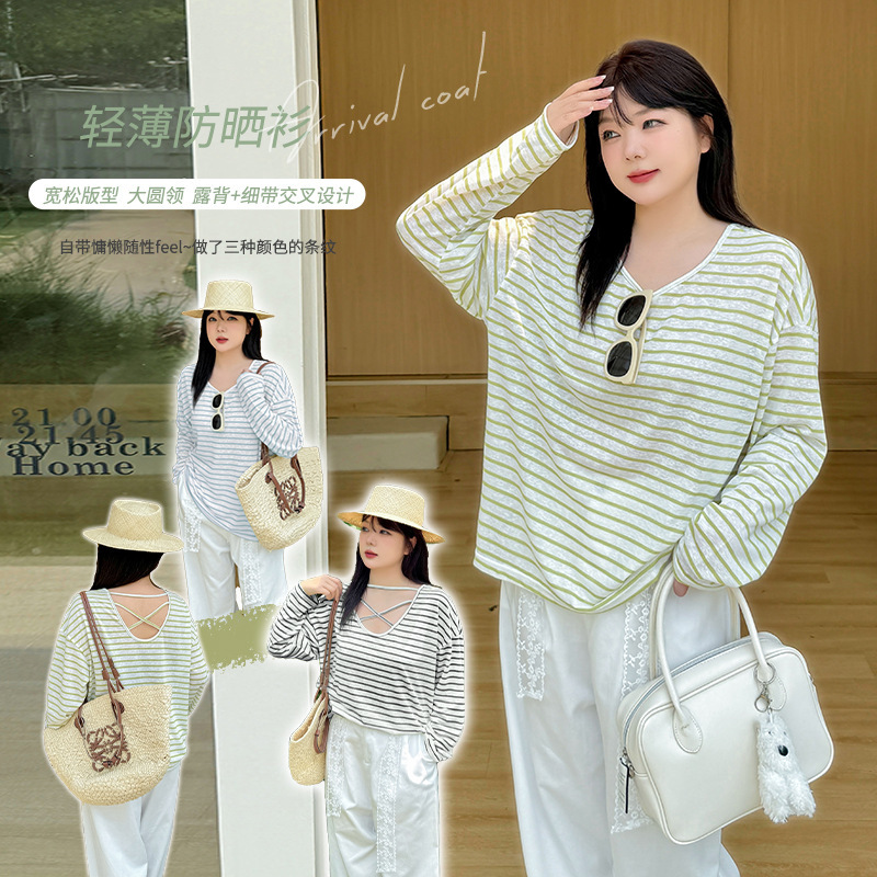 Inno Plus-Size Women's Korean-Style Loose-Fitting Color-Block Striped T-Shirt Summer Elegant Vacation Style Sun Protection Shirt 242238