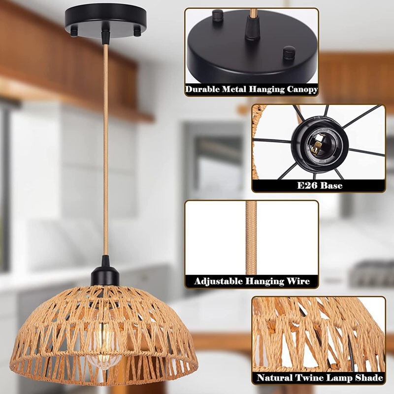 Rattan Pendant Light Bohemian Style Hanging Lamp Basket Woven Dome Kitchen Island Living Dining Room Ceiling Light