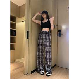 大码女装复古花纹阔腿裤女压褶风格新款高腰显瘦格子裤百搭遛弯裤