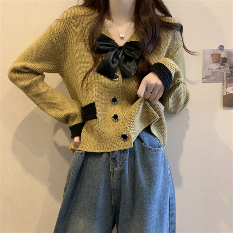Primavera Chanel estilo arco cardigan de punto para las mujeres 2023 nuevo suave dulce chic con cuello en V suéter abrigo