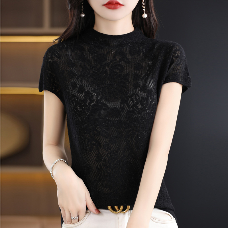 Worsted Wool 2024 Summer New Style Lace Half-high Collar Short-sleeved Women's Elegant Simple All-match Top Short T-shirt Worsted Wool 2024 Summer New Style Lace Half-high Collar Short-sleeved Women's Elegant Simple All-match Top Short T-shirt