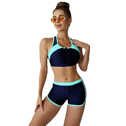 2025 European and American Cross-border New Women's Separate Swimwear Solid Color Striped Athletic Flat-Pant Factory Wholesale Women's Swimwear
