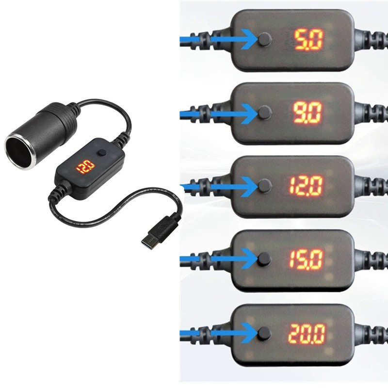 USB C to car cigarette lighter converter 12V Typec to power cord adjustable voltage 5V9V15V20V