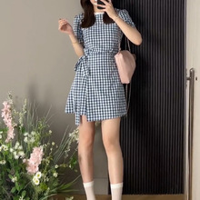 韩版撞色格纹花边短袖连衣裙夏季设计感系带收腰显瘦重碟片短裙女