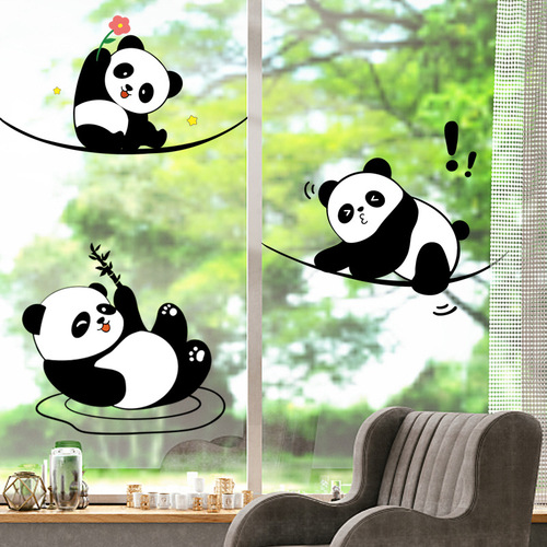 Adorable Panda Cartoon Wall Sticker Self-Adhesive Push-Pull Glass Door Decor Electrostatic Sticker Shopping Mall Glass Show Window Scene Decoration