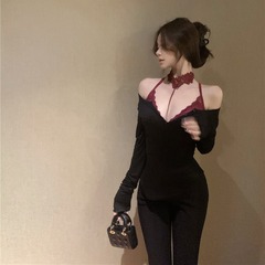 【工場直売】黒い一字の肩の長袖tシャツは腰のガードルの不規則な中に純粋な上着を着たいです。