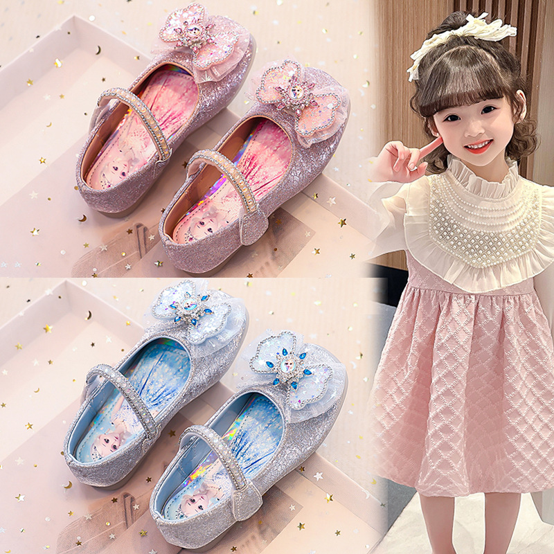 Girls' Crystal Rotating Elsa Girls' Single Leather Shoes Square Mouth Princess Shoes Children's Dance Shoes Girls' Shoes Light Luxury Style
