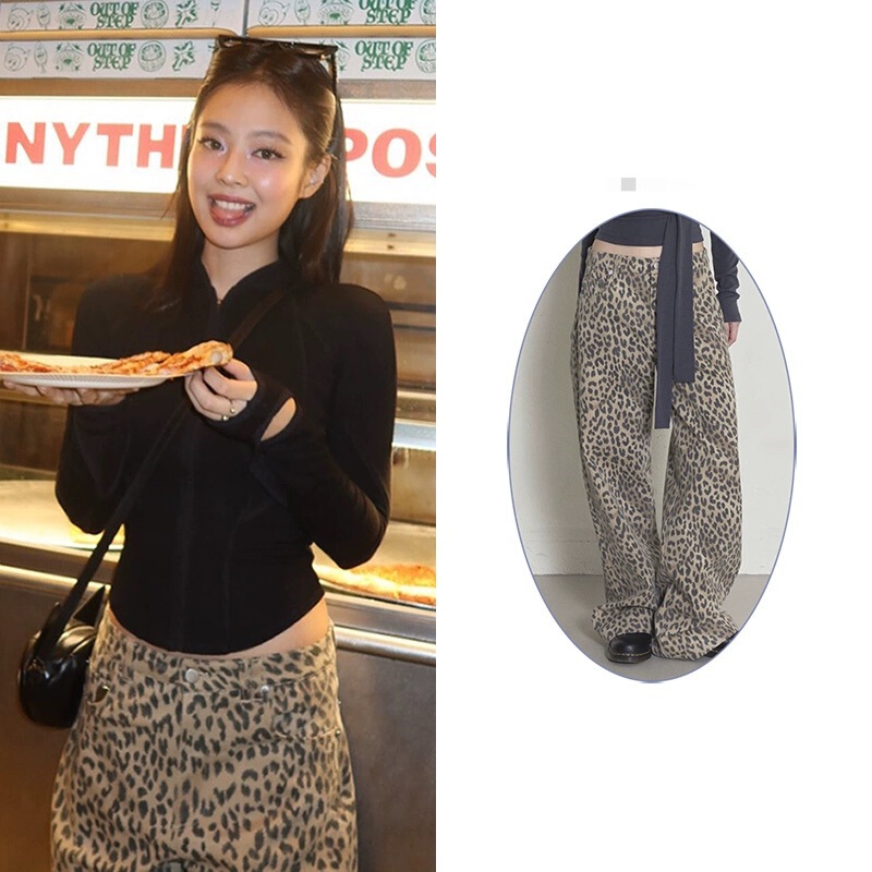 In-Stock Jennie Style Orde* Korean Designer Trendy Loose American Leopard Print Wide-Leg Jeans for Women