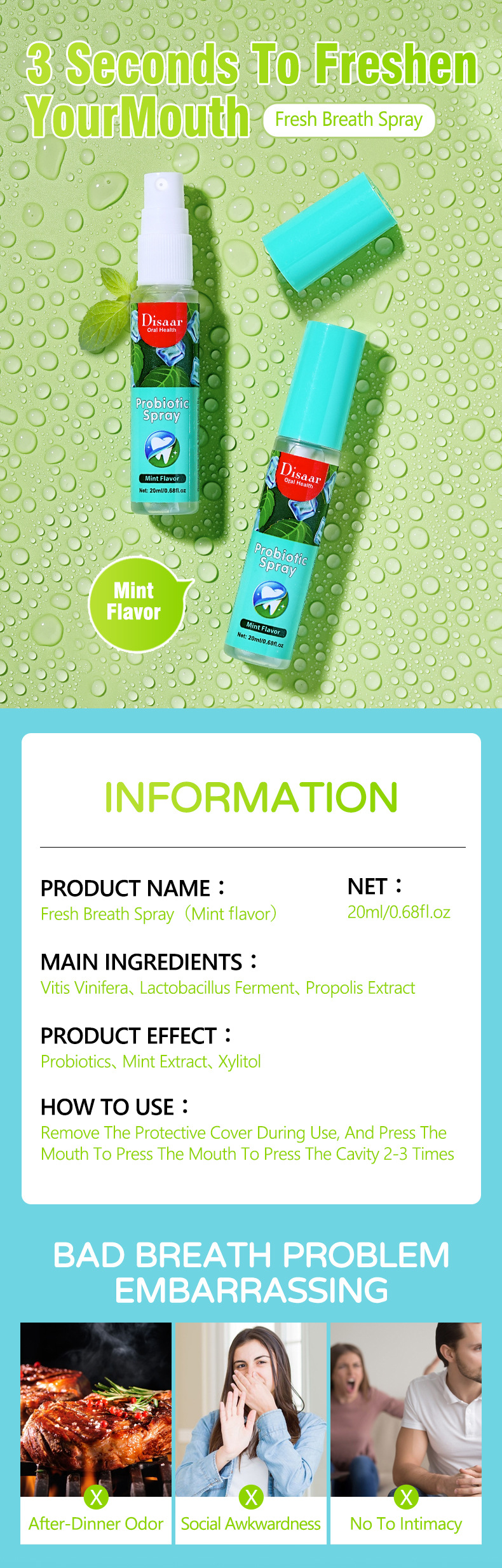 AAAAA+ Mátový osvěžovač dechu, přenosný deodorant, ústní voda, ústní sprej_voghion.com