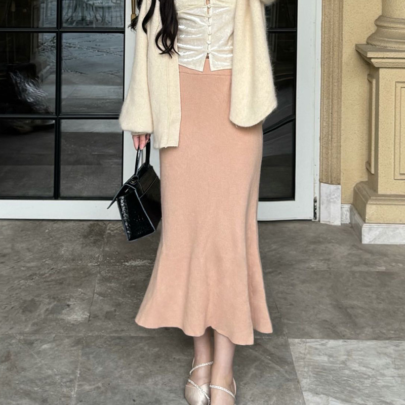 Slow Rhythm Small Proportion Rabbit Velvet Fishtail Knitted Skirt Women's Autum Elegant Pure Color Slim Straight Skirt Long Skirt